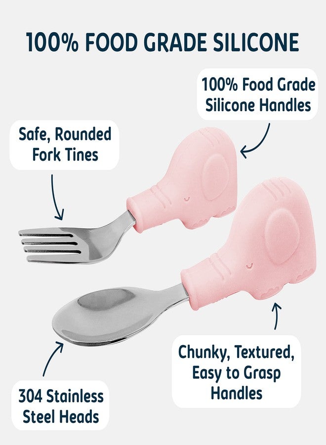 Tiny Twinkle Easy Grip Toddler Utensils Spoon and Fork Set - BPA & Phthalate Free Utensil Sets, Kids Silverware With Silicone Handle, Baby Led Weaning Supplies for 12 Months & Up (Pink Elephant) - Image 4